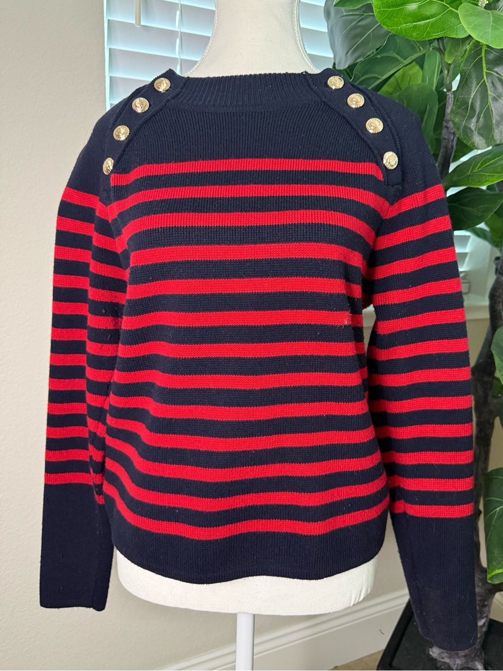 🍂🍁FALL PREVIEW Zara Navy and Red Striped Crewneck Sweater with Gold Buttons ⚓️